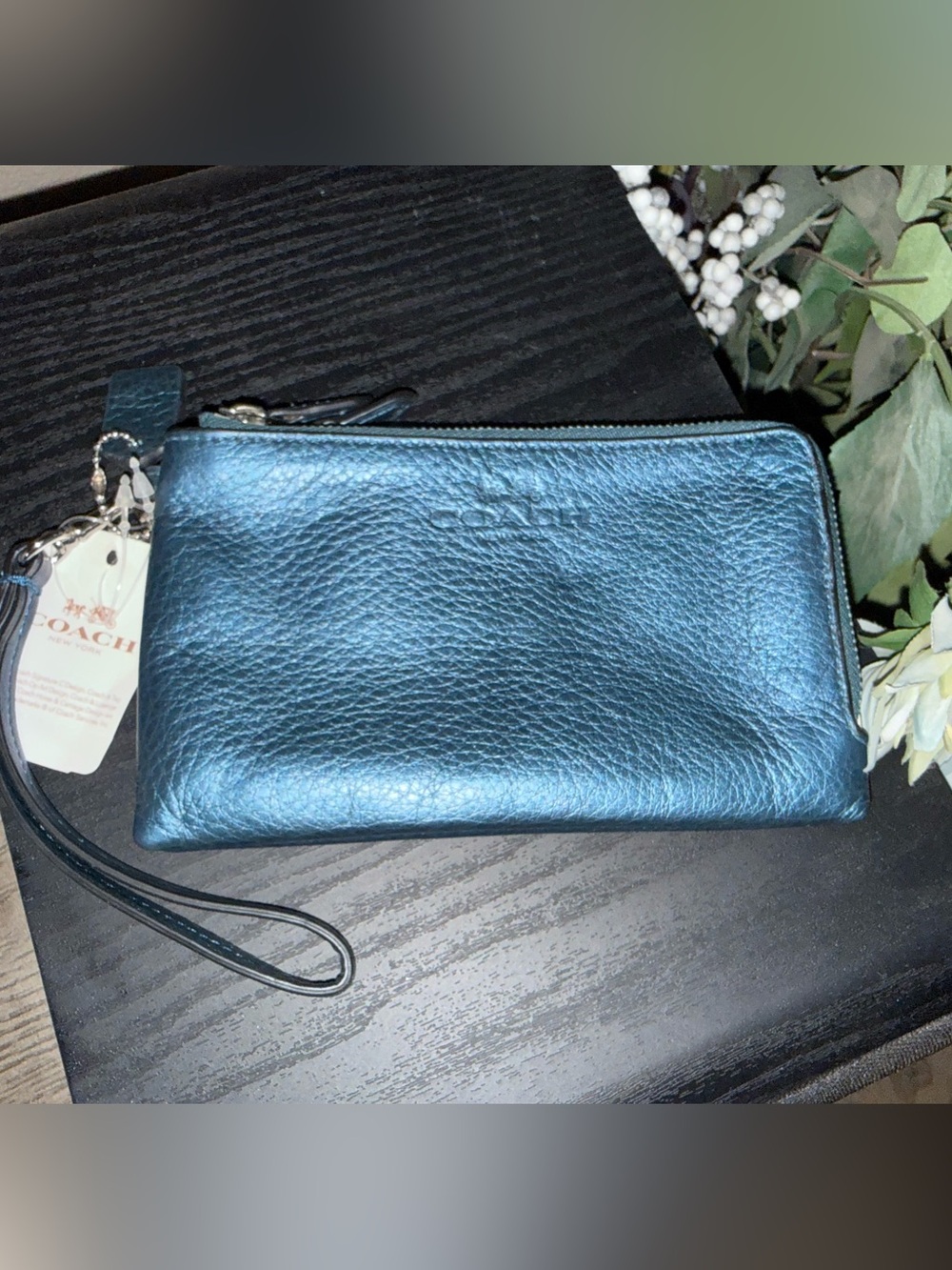 Coach Metallic Blue Leather Wristlet Pouch